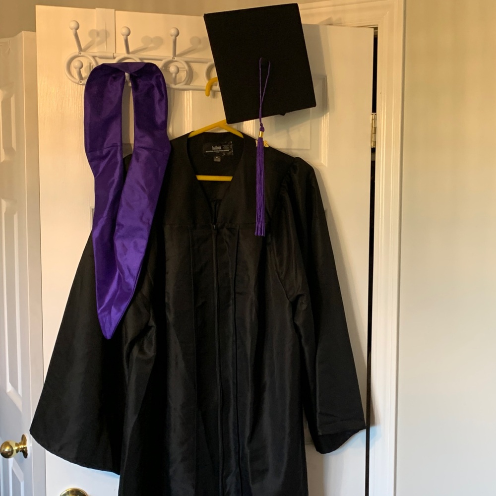 Black Graduation Gown with Purple Stole and Tassel Hat